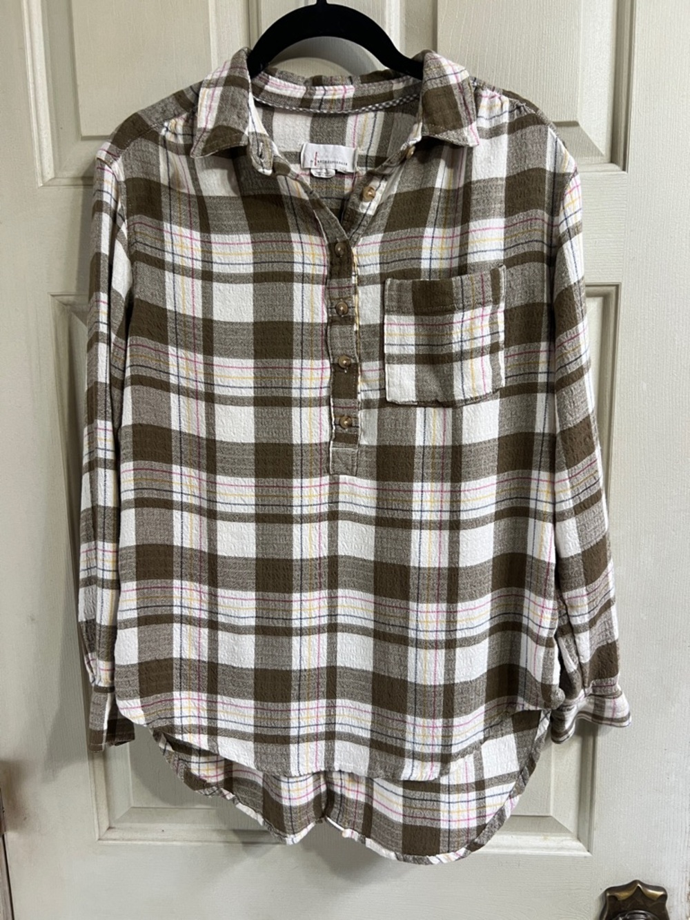 Anthropologie Beige Plaid Knit Top with Multicolor Stripes